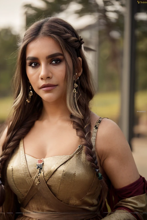 (photo of a gorgeous woman), (professional photography), (scenic background), ((wearing viking girl clothes)), (close-up portrait), ((viking hair)), masterpiece, best quality, (eye contact), (looking at the viewer), centred, (shot from front), blurred_background, proportional,  <lora:Nabha_Natesh-10:0.85>
