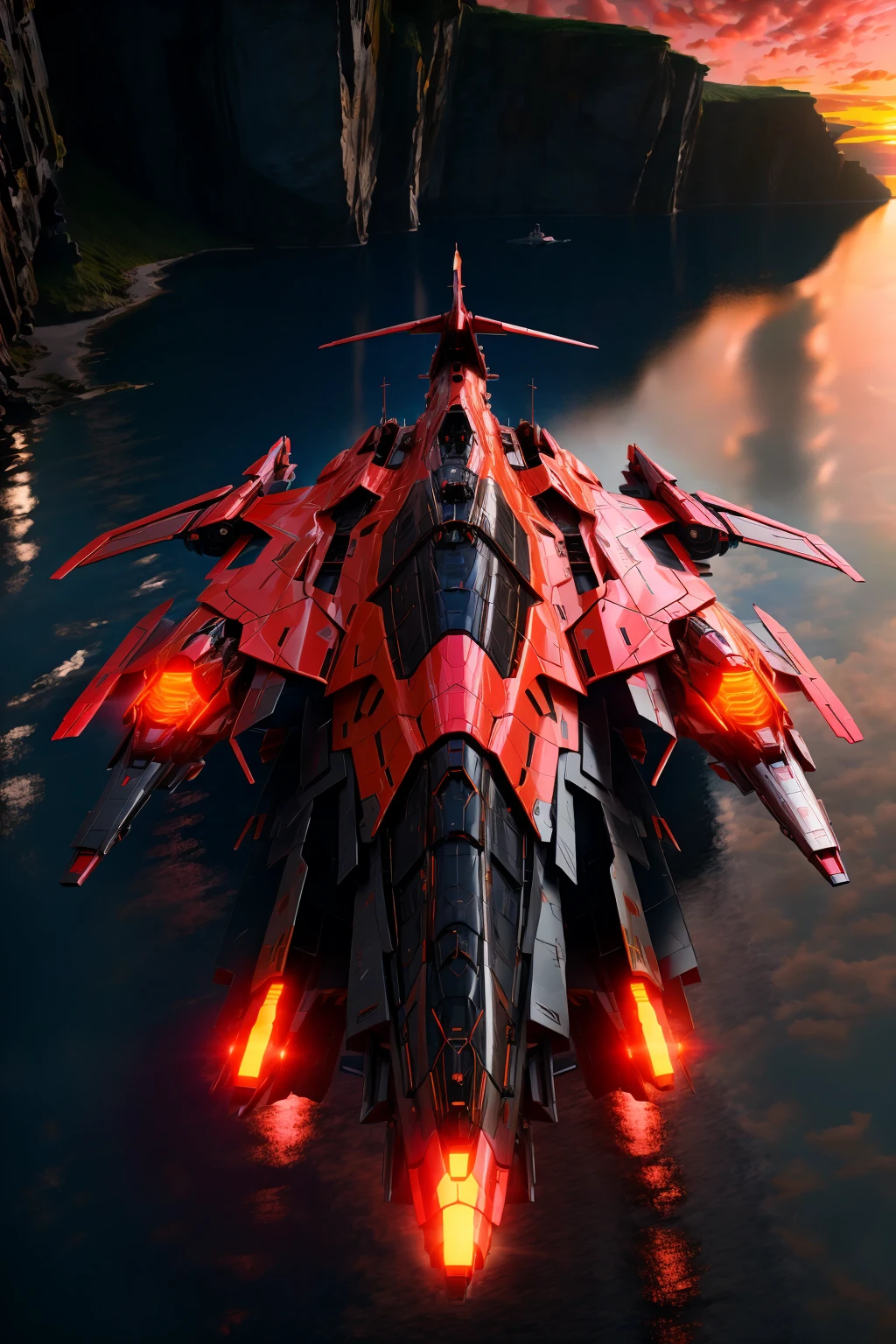 <lora:zxrspc_v3:1> Bright Red zxrspc, masterpiece, best cinematic quality, photorealistic highly detailed 8k raw photo, volumetric lighting, volumetric shadows, reflective fuselage, A vibrant sunset in the clouds, with hues of orange, pink, and purple painting the sky