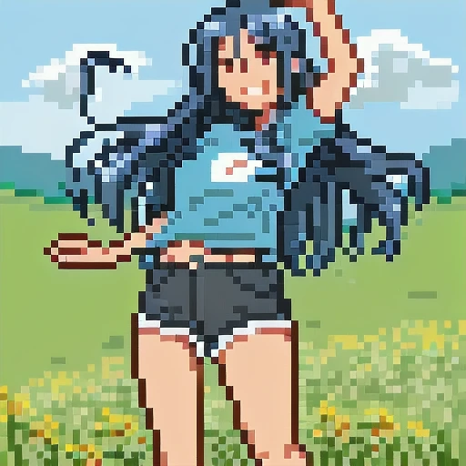 pixel art, 1girl, cute, sexy, meadow, hill, grass, blue t-shirt, shorts, light smile, long hair, wind,