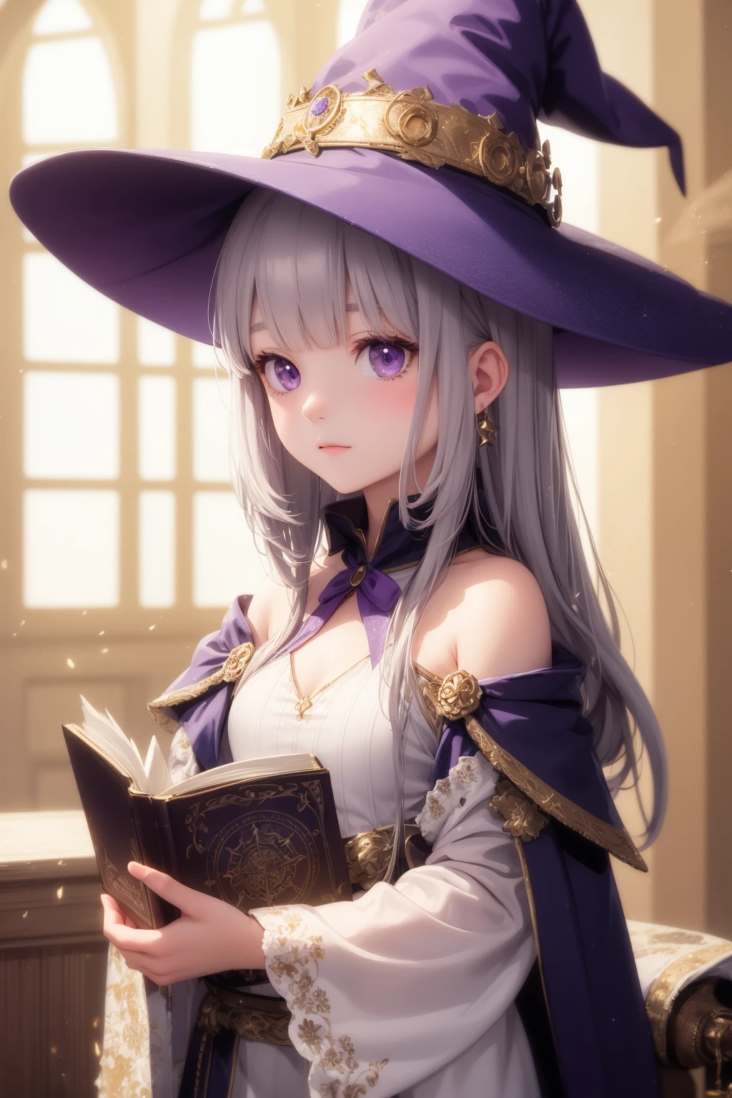 masterpiece, ultra quality, sharp focus, beautiful woman, purple eyes, grey hair, soft smile, magician teacher, fantasy, castle, carrying magic book, tunic, witch hat