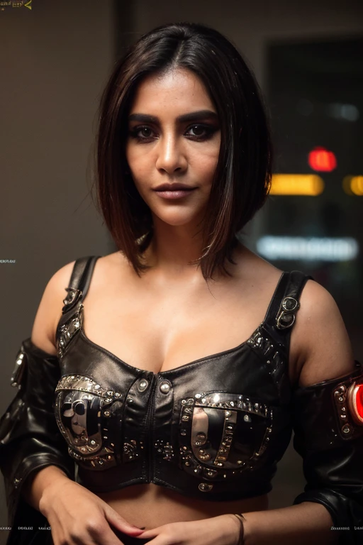 (photo of a gorgeous woman), (professional photography), (cyberpunk background), ((wearing cyberpunk clothes)), (close-up portrait), ((short hair)), masterpiece, best quality, (eye contact), (looking at the viewer), centred, (shot from front), blurred_background, proportional,  <lora:Nabha_Natesh-10:0.8>