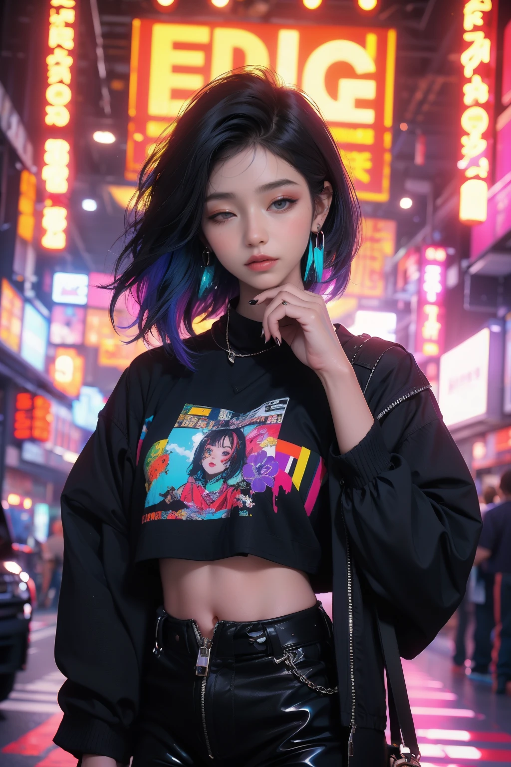 Best quality,masterpiece,ultra high res,solo,1girl,one eye closed,nail polish,looking at viewer,black pants,english text,bag,shirt,pants,midriff,cowboy shot,blurry,multicolored hair,navel,jewelry,short hair,purple nails,jacket,depth of field,black shirt,earrings,zipper,