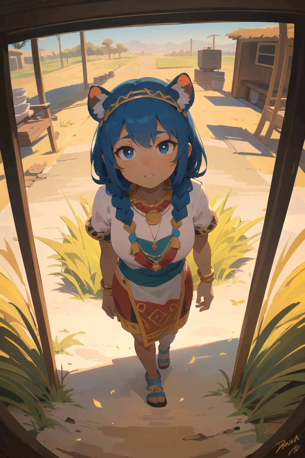(best quality, masterpiece:1.1), (Intricate detailed:1.2), full body, looking up, (1girl), desired face, blue hair, long hair, curly hair, braid, red african clothes, jewelry, hair ornaments, arm bracelet, (tribe, tribal:1.2), (colorful african garage, savana, (dry, yellow grass land), indoors, dust, white particles),