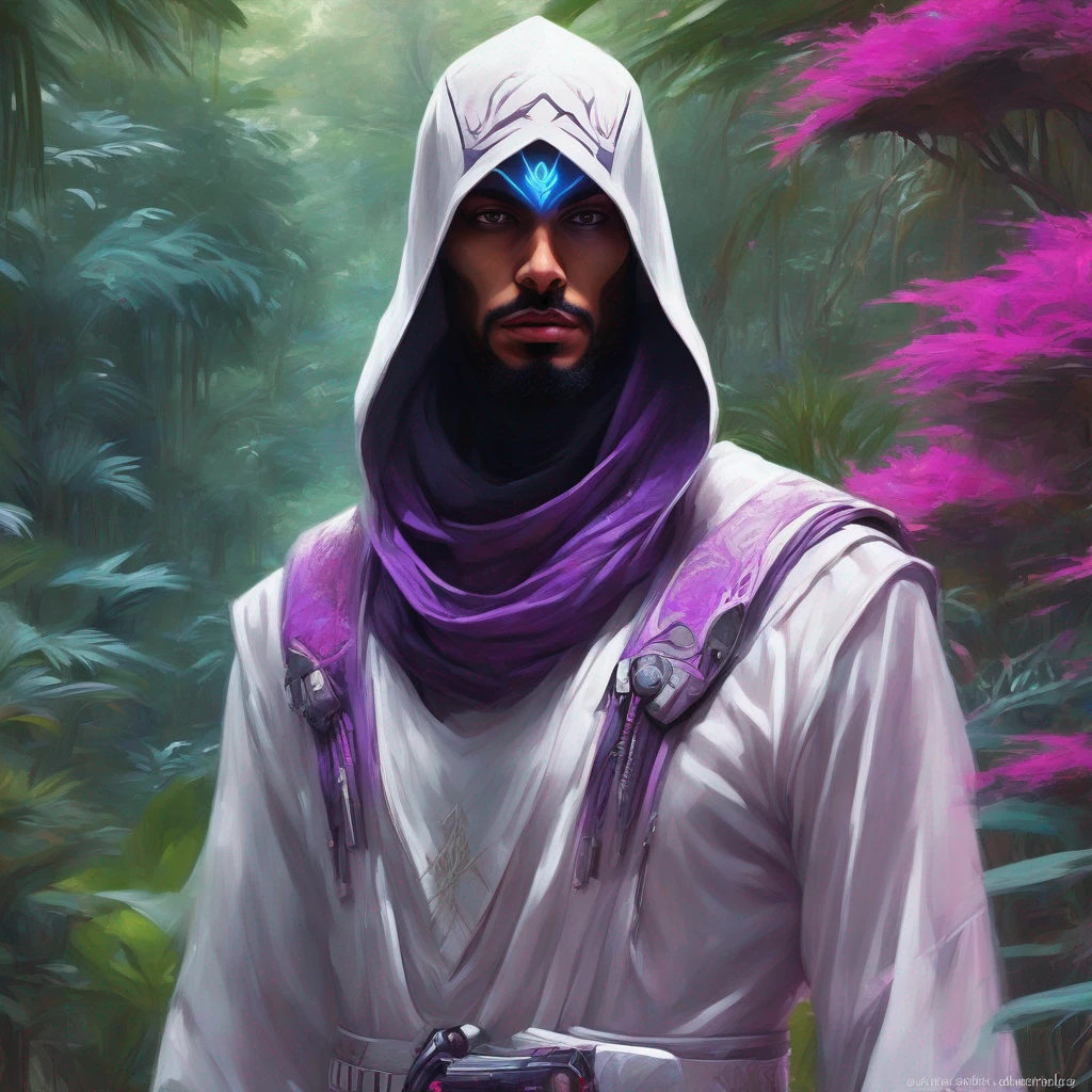Clair-obscur, digital painting, oil painting, landscape, ((very detailed portrait)), (upper body) portrait of emirati "assassin's creed" ((fremen)) sultan ninja iman sheikh wearing (futuristic) (cyberpunk) white cyber-onesie and white saudi Gutra headdress, walking around in gorgeous french japanese jungle garden park oasis with purple and pink alien plants, in spacepunk atompunk cyberpunk dubai "abu dabi" coruscant with lots of LCD screens and neon, retrofuturistic white luxury hypercars with arab decoration and white armoured military desert buggies with arab decoration, in the style of arcane and fernanda suarez pascal blanche and Hermann Stenner and simon stalenhag and Gustavé Doré and alex grey and alphonse mucha and nekro and josan gonzalez and dishonored and bioshock and simon stalenhag and rembrandt and Roger Ballen and Yousuf Karsh and HR Giger and Dariusz Zawadzki and John Jude Palencar and David Cronenberg and Liam Wong and Zdzislaw Beksinski and Luis Buñuel and Takashi Miike and David Lynch and Luis Royo and jakub rozalski and Ilya Kuvshinov and Wlop and Artgerm, trending on artstation, featured on pixiv, dynamic lighting, hyper detailed, octane render, 8k