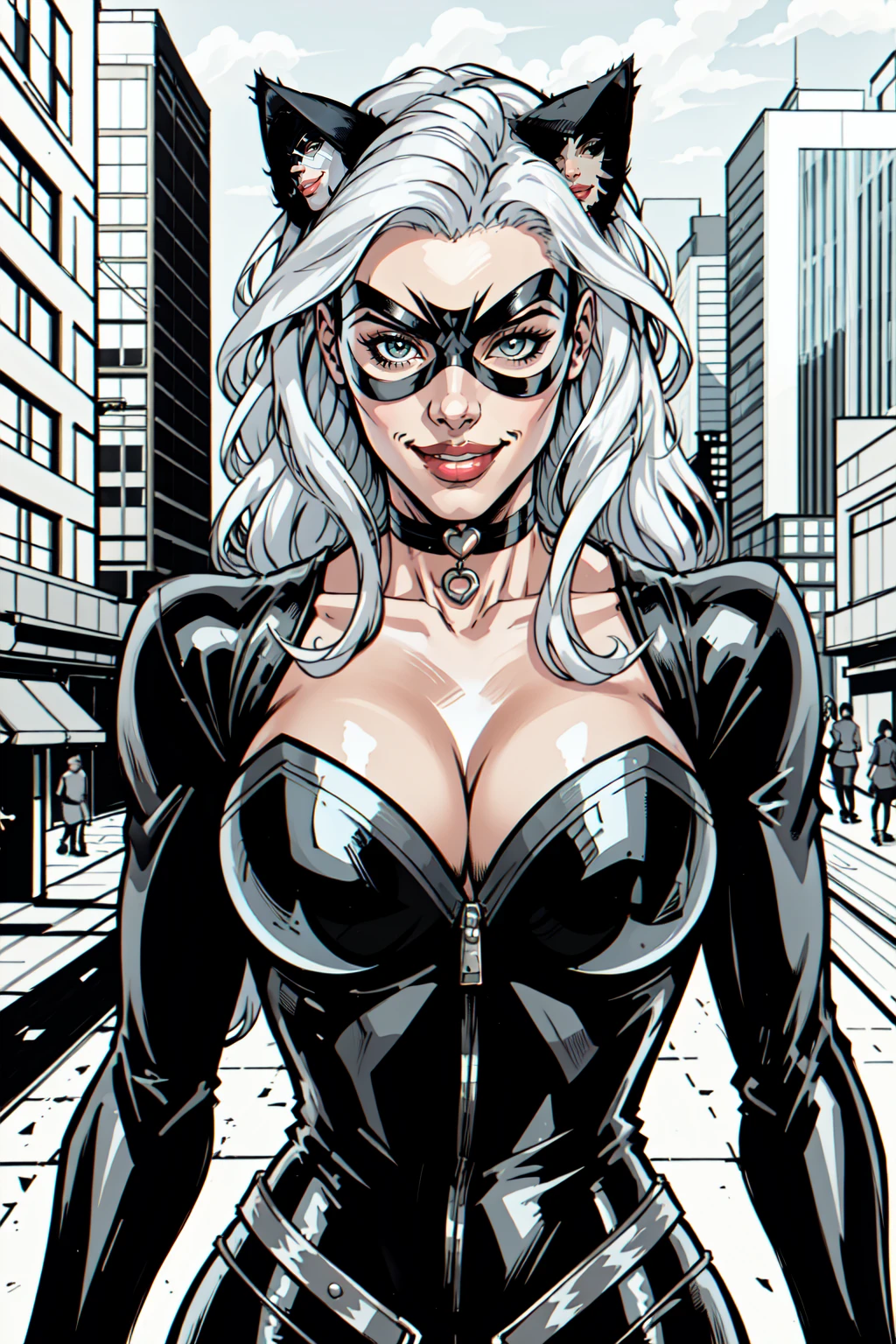 1girl, solo, long hair, looking at viewer, smile, , cleavage, upper body, greyscale, choker, lips, , leather, white hair, cat ears, domino mask, mask, villainous, hip hop vibes, grafiti, masterpiece, outdoors, city