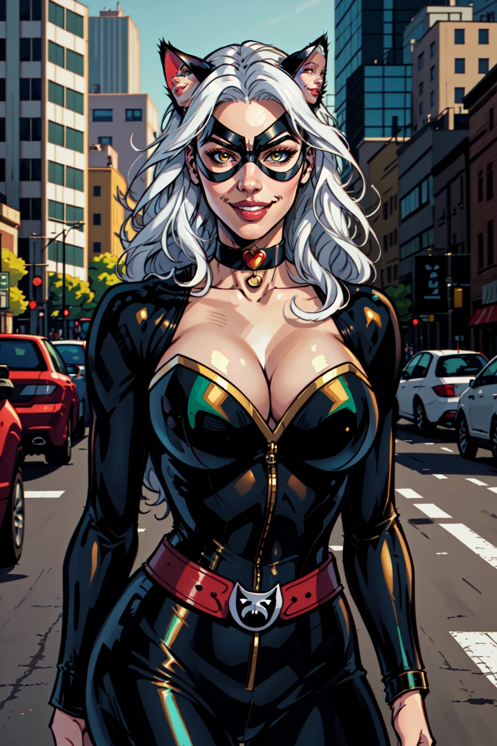 1girl, solo, long hair, looking at viewer, smile, large breasts, cleavage, upper body, choker, lips, bodysuit, leather, white hair, cat ears, domino mask, mask, villainous, hip hop vibes, grafiti, masterpiece, outdoors, city