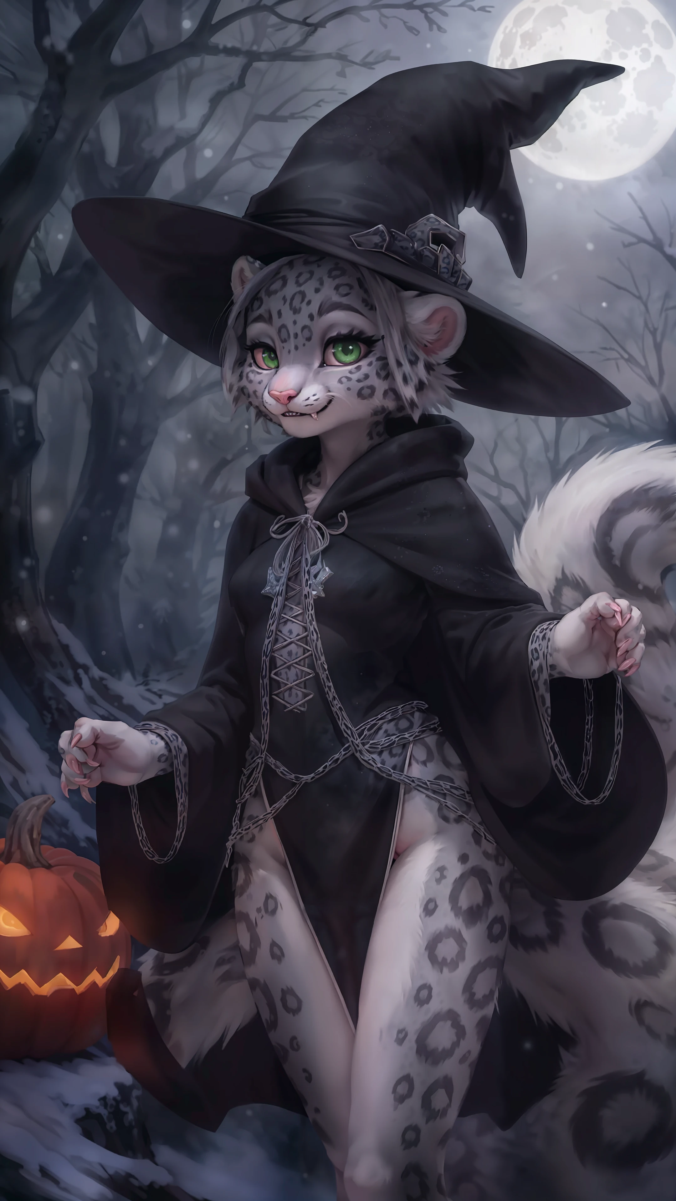 detailed background, dark and eerie forest, fog rolling through the trees, snow-covered ground, full moon shining brightly in the sky, a clearing with scattered leaves and pumpkins, a((slim and graceful)(snow leopard:1.2))female standing tall in her witch costume, (black dress adorned with silver stars), (pointy hat with a wide brim), (long flowing cloak trailing behind her), (sharp claws on her fingertips), (piercing green eyes sparkling with mischief), ((delicate pink nose:1.1)peeking out from under her witch hat), (playful smile revealing sharp fangs), detailed fur markings resembling mystical patterns on her body, (confident stance), (half-body view)