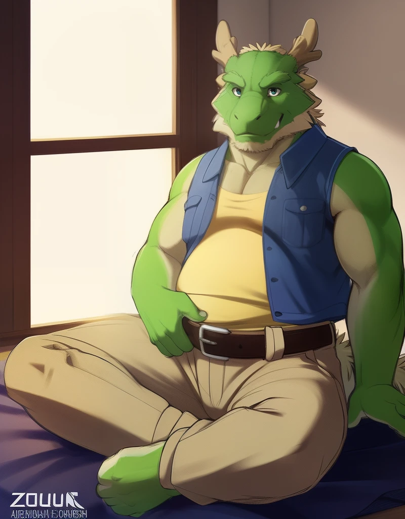 (((detailed eyes, detailed face))), (bara, tappei <lora:character_tappei_findigo_v1:0.9>, facial hair, antlers), male, (plump, fat, chubby, big belly, overweight), (blue jacket, khaki tank top, brown pants, belt), sitting, arms behind back, smile BREAK (by cotora, by shiuk, by zaush), bedroom, (soft shading), 8k, UHD, masterpiece
