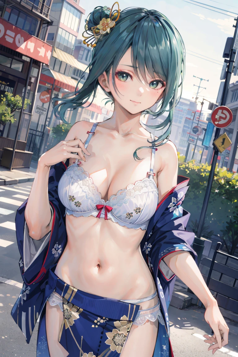 <lora:doa_tamaki:0.7> tamaki, yukata, bra, 1girl, masterpiece, city street, smug