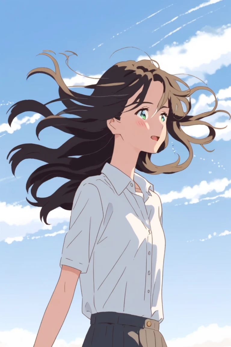 your name, portrait girl , wind , sky, white shirt,long wavy hair,