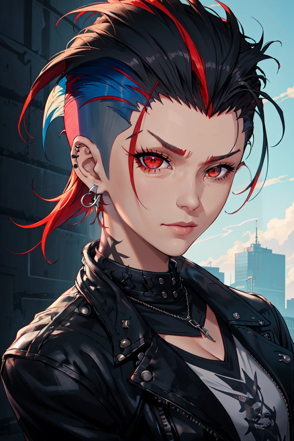 1girl, solo, gold eyes, ((SuperShortHair:1.5)), detailed eyes, short sleeves, closed mouth, smirk, large breasts, covered, black shirt, necklace, outdoors, stud earrings, colored scelera, black sclera, zoom out, lesbian vibes, soft features EpicMIx-EmopUNk FemShortHair
