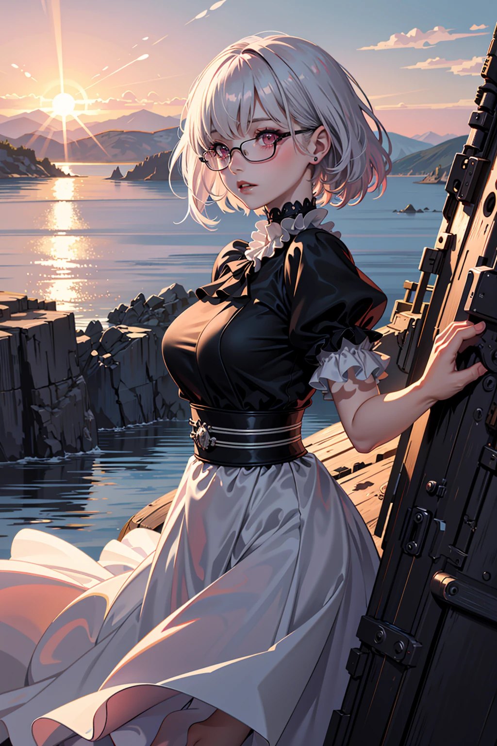 1girl, solo, detailed face, detailed eyes, black lipstick, reddish pink eyes, platinum white hair, shining short hair, hair over one eye, sidelocks, blush, volumetric lighting, bi-lighting, large firm breasts, cliffside scenery, black long gown with high neck collar and puffy sleeves, black rimmed glasses, looking at viewer, morning, sunrise, post impressionism style, dynamic angle, standing near the cliffside overlooking the big city, from behind,