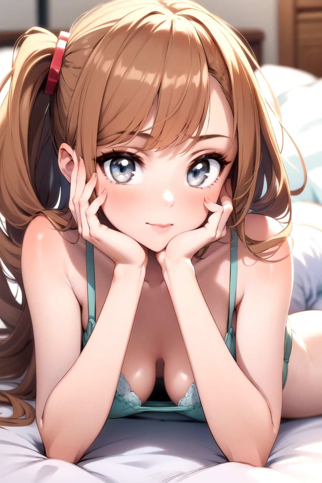 <lora:downblouse_v0.2:1>
1girl, sundress, lying, on stomach, hand on own face, bra,, masterpiece, best quality, highly detailed