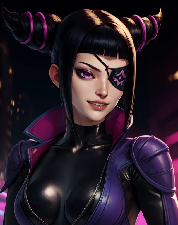 Juri , black hair,two-tone hair, hair horns, purple eyes, eyepatch,  
bodysuit, clothing cutout, 
standing, upper body, evil smile, 
night club,
(insanely detailed, beautiful detailed face,beautiful detailed eyes, masterpiece, best quality) , solo,<lora:JuriSF6Alt-10:0.8>
