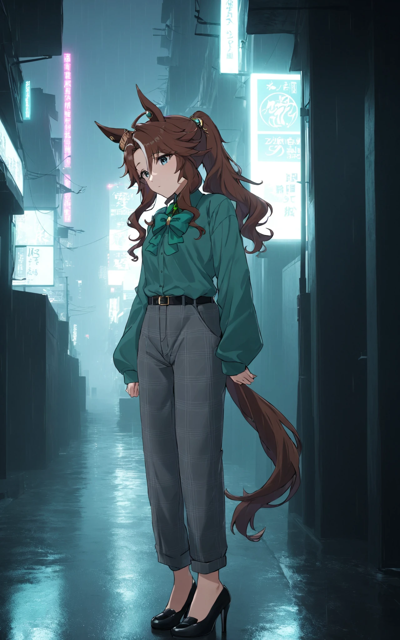 (masterpiece),(highest quality),highres,(an extremely delicate and beautiful),(extremely detailed), solo, Mejiro Palmer \(umamusume\) wears ear ornament, casual, green shirt, green bowtie, long sleeves, belt, shirt tucked in, plaid grey pants, black high heels. she looking sadly down and stands alone in heavily rainy day, cyberpunk buildings with neon lights
 <lora:UmaDiffusionXL-768x1024:1>
