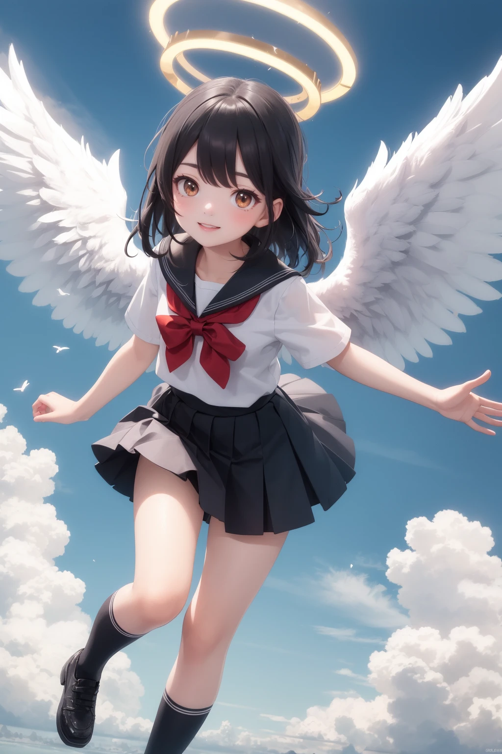 masterpiece, best quality, 1girl, black school uniform, blue cloudy sky, halo, feathered wings, white wings, center, black hair, orange eyes, smile, flying