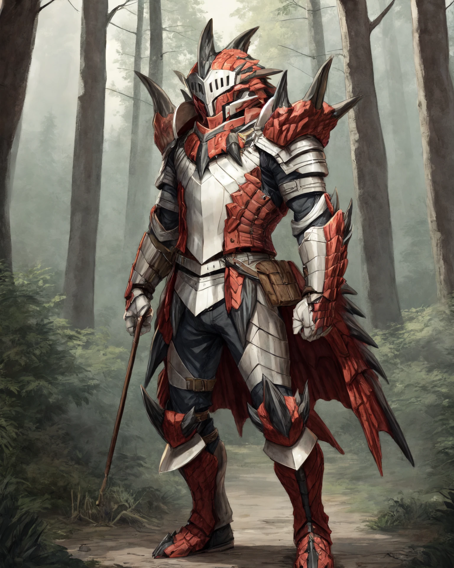 full-length character portrait of a sexy,adult,(male:1.4),(human:1.3),(ratharmormalt),hi res,soft shading,good anatomy,cinematic lighting,by woolrool,crayon \(artist\),buta99,detailed background,outdoors,red armor,helmet,standing,forest,