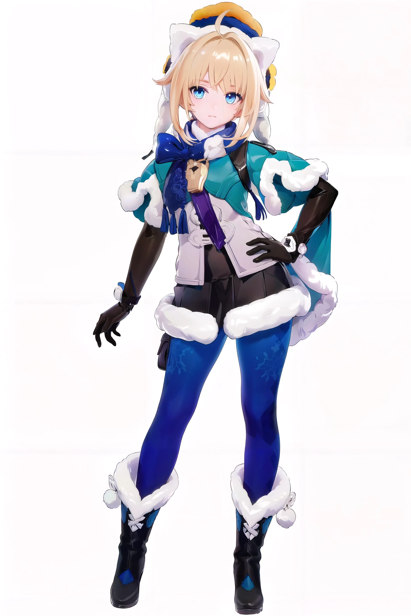 8k, best quality, masterpiece, (ultra-detailed:1.1), (high detailed skin),
(full body:1.2), white background, standing, looking at viewer, (solo:1.3), hand on hip,
<lora:linke-v100-000029:0.9:lbw=OUTALL>,linke, 1girl, blue eyes, gloves, fur-trimmed boots,pantyhose,fur trim, blonde hair, hat, black footwear, fur-trimmed sleeves,skirt,
(white background, simple background,:1.4),
<lora:EnvyBetterHands LoCon_beta2 è¾
å©:0.55>, ( good hands, nice hands:0.5),
(beautiful_face), ((intricate_detail)), clear face,
((finely_detailed)), fine_fabric_emphasis,
((glossy)), full_shot,