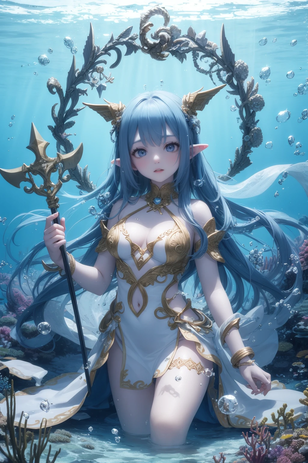 masterpiece, best quality, 1girl, blue skin, pointed ears, goddess of sea, dress, trident, underwater bubbles and dust particles