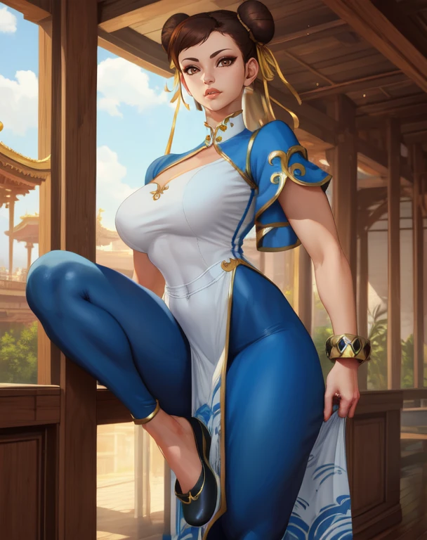 chun li, brown hair, brown eyes,  double bun,  hair ribbon,  
pelvic curtain,  blue pants, bangles,  cleavage,  shoes, 
thick thighs,   leg up, 
morning,  temple,  indoors, 
(insanely detailed, beautiful detailed face,beautiful detailed eyes, masterpiece, best quality) , solo,
<lora:chunliSF6Default-10:0.8>