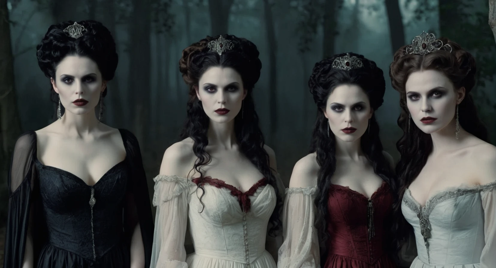 Dark Fantasy Art of (Cinematic Film stock footage style) in (arri alexa style) (Kodak film print style), hyperrealism
 <lora:Female Vampire:1>
Female Vampire three pale skin naked nude nsfw women with a vampire makeup dressed in costumes posing for a picture, dark, moody, dark fantasy style