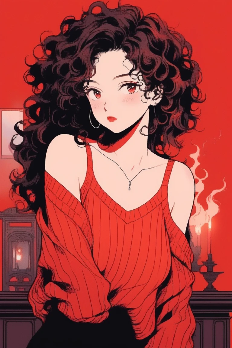 illustrator, bare shoulder,sexy, cleavage,1 girl,portrait, curly hair,simple background, lips, spark ,niji style, camisole, Pullover Sweater , realistic,in the villa, steamy, steam , sad,deep red gradient background, (masterpiece,best quality)