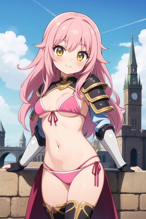 masterpiece, best quality, ultra detailed, anime style, 1girl, long hair, pink hair, yellow eyes, bikini armor, medieval castle, warm, beautiful face, happy, cowboy shot