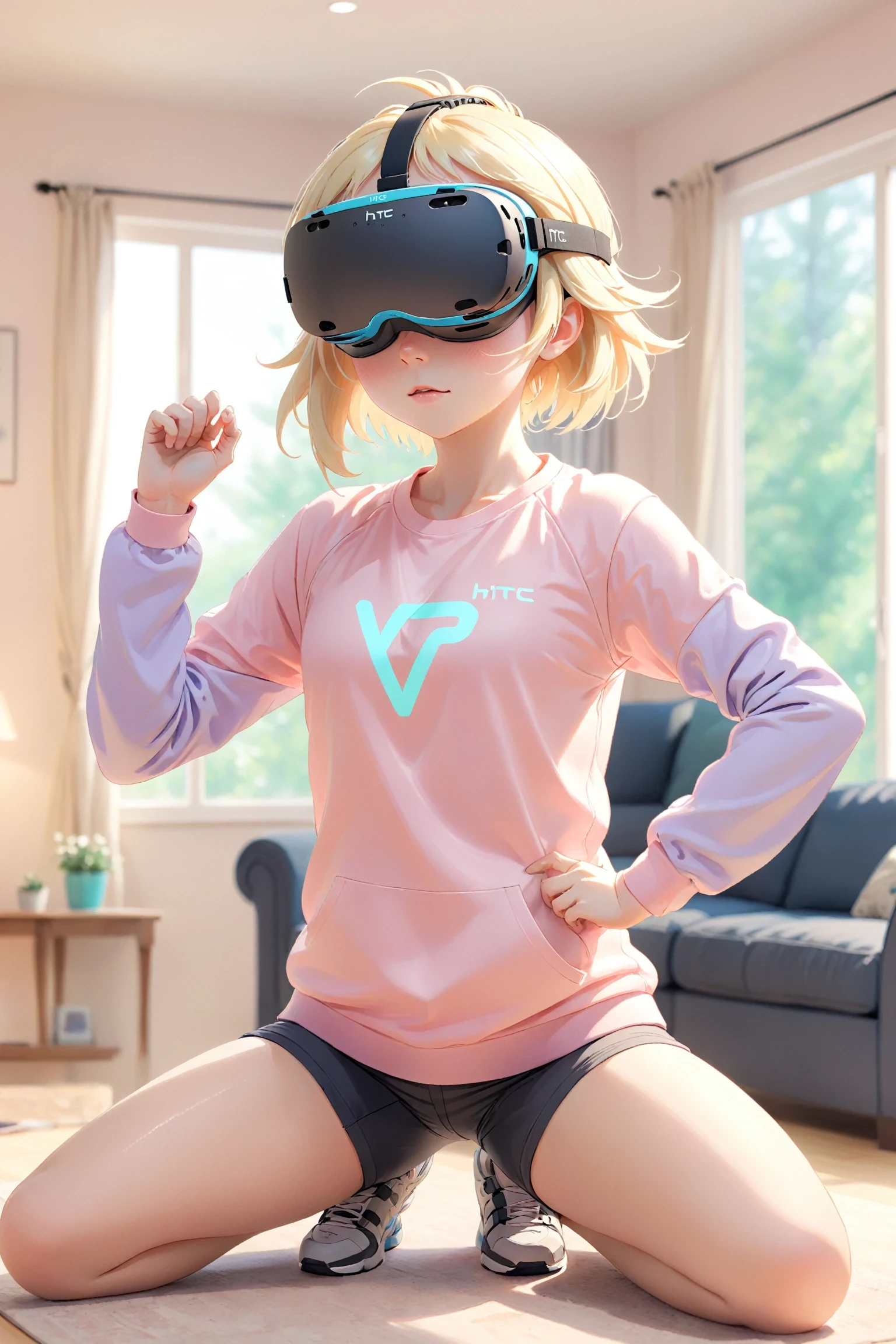 anime, pastel colors, girl, stretching, wearing vr goggle, HTC Vive, blonde hair, casual clothes, sweat, living room, Bokeh