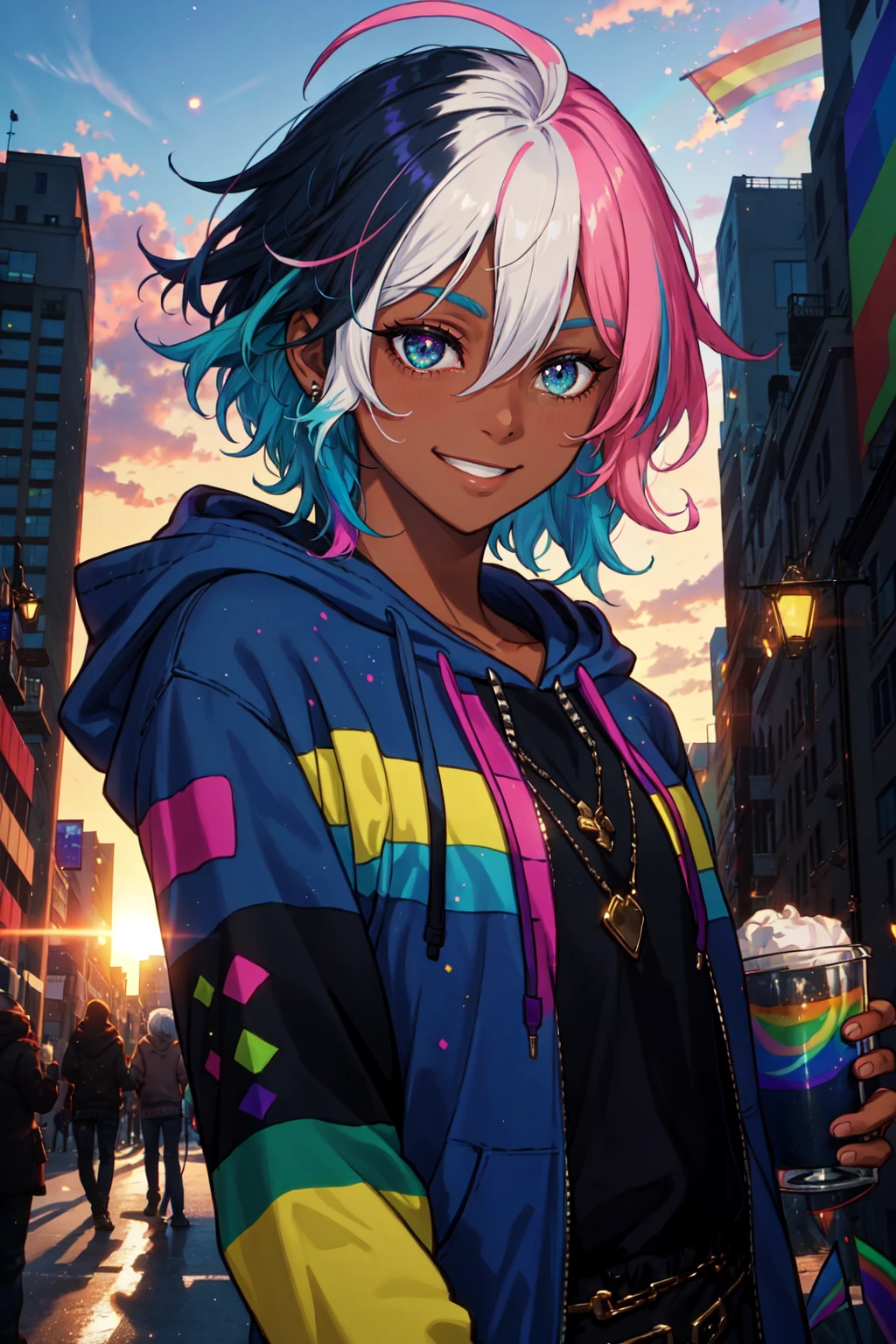 best quality, masterpiece, ultra high res, 1boy, male focus, non binary, blocky shoulders, rainbow hair, gay pride flag dress, gender diverse, pride flag, long sleeve, jacket, shirt, smile, pride parade, outdoors, city, sunset, specular reflection, tonemapping, particle effects SceneKidNoGend3r SeaShanty_Lyrics_Wellerman
