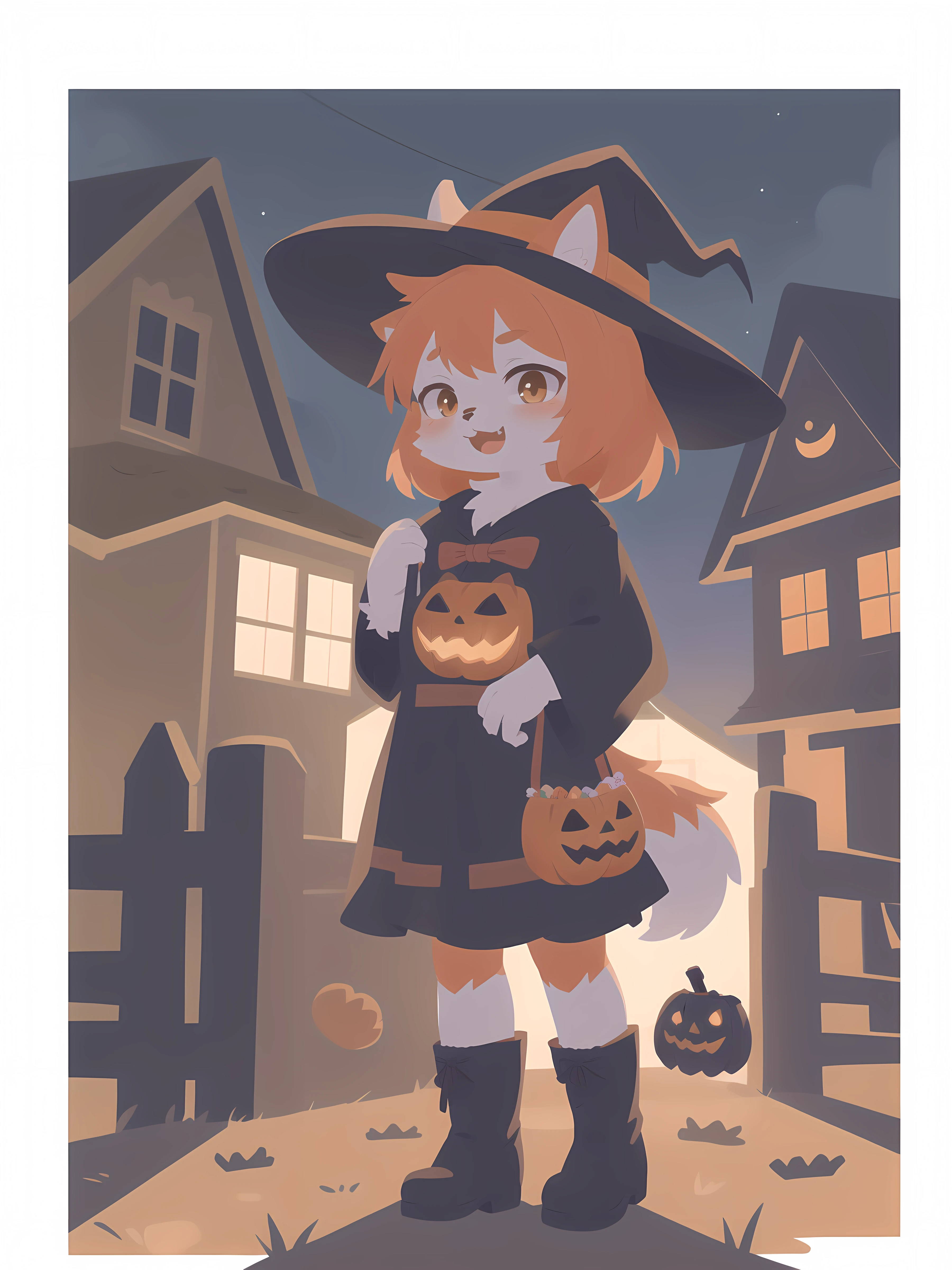 1girl, solo, witch hat, halloween, halloween theme, jack o lantern, child, :D, candy bag, standing, in front of a house, full body, night, boots, (best quality, masterpiece, illustration, ultra-detailed:1.3), (uploaded on e621, furry, anthro, kemono:1.3),