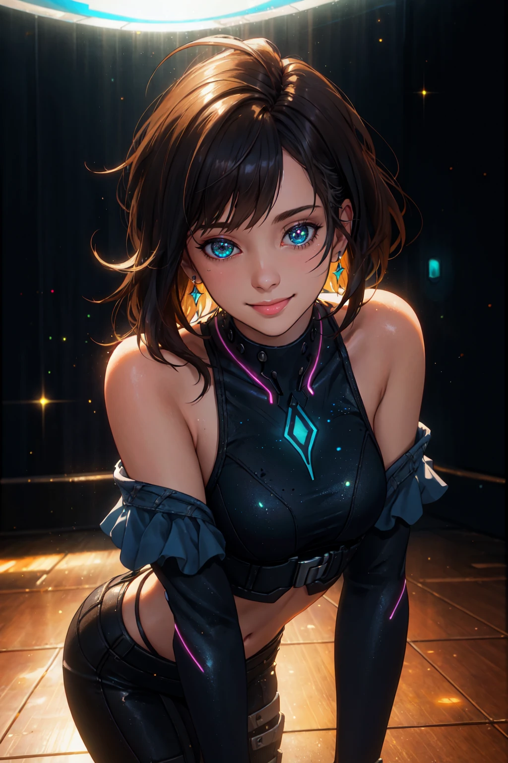 best quality, masterpiece, ultra high res, photorealistic, 1girl, offshoulder, smile, SeaShanty_Lyrics_Wellerman NeonLighting NeonLightingScene LimitBreakStyler