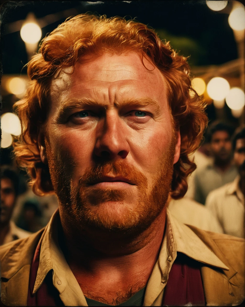 extreme close up of + / A fat red haired man on vacation enjoying the local party scene in Bangalore at night, directed by Clint Eastwood Sepia-toned, nostalgia, antique, soft edges, vignette, grainy texture, silent film era, intertitles