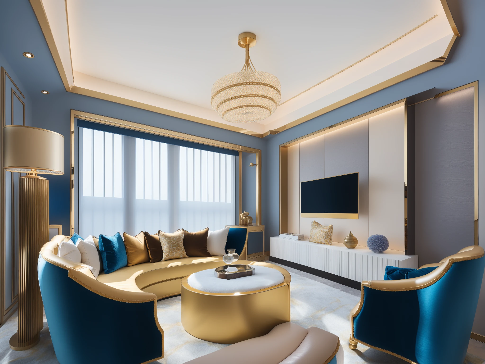 <lora:JJsEuropeanStyle:1> ,ultra realistic, masterpiece, best quality, super detailed, ultra high res, raw photo, 8k,
a modern livingroom, (fabric sofa), (fabric pillow), stone opaque resin panel, brown and white, luxury, in the style of enchanting lighting, light gold and light black, li shuxing, traditional-modern fusion, soft atmospheric light, hard-edged lines, (window), fabric window blinds, blue sky, 1 black TV,