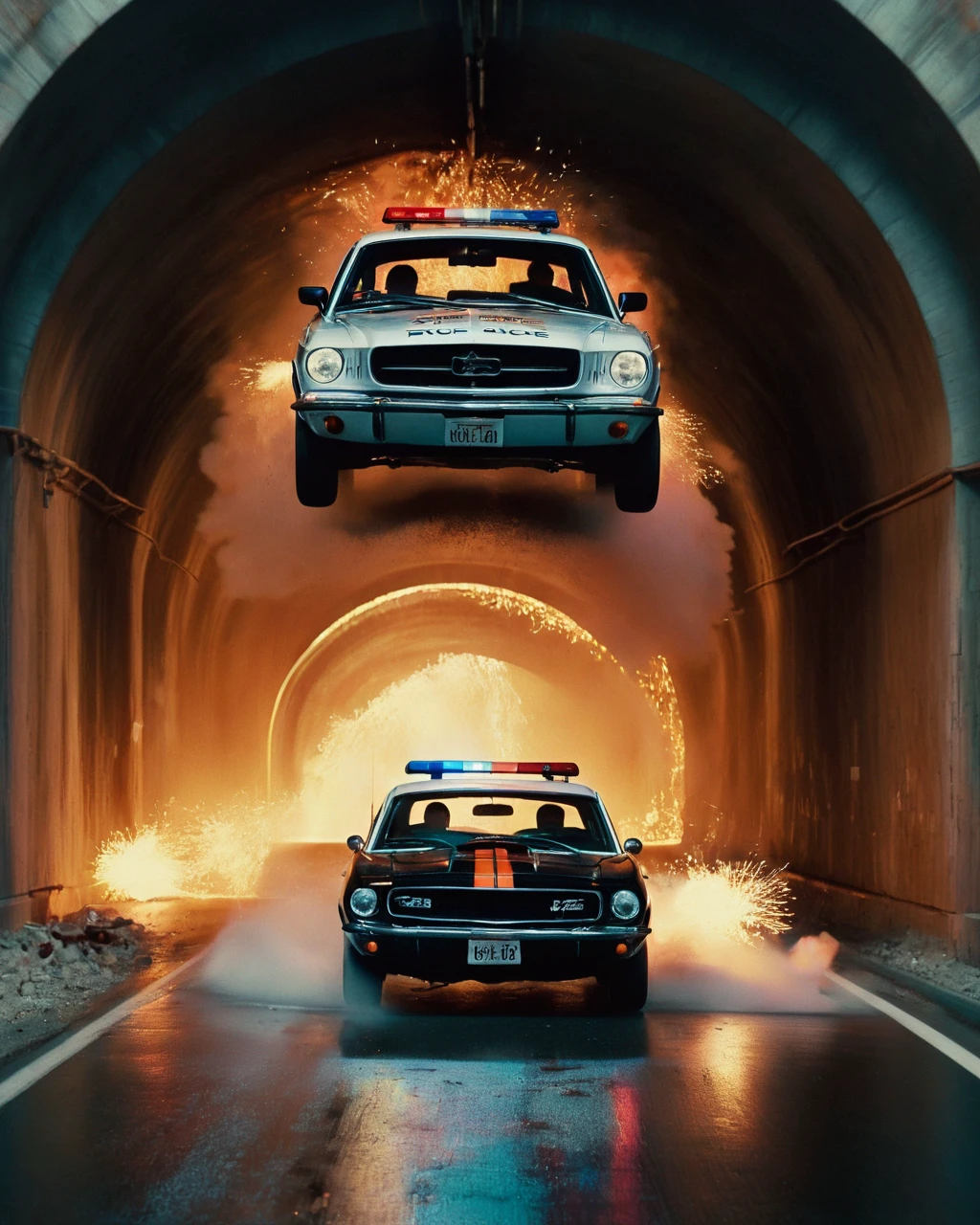 single shot of Police cars chasing a rogue sports car through a tunnel, ending in a fiery crash with sparks and debris flying., directed by Bernardo Bertolucci Saturated pastels, symmetrical framing, centered composition, whimsical, offbeat, quirky, faux-vintage, cinematic tableau, a look of shock