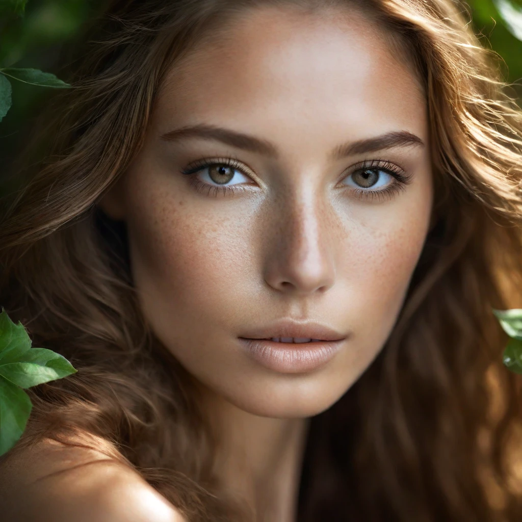 portrait of a unique breathtaking and beautiful woman face close-up, stunning detail, hyper detailed eyes, detailed skin with a flawless texture delicate and refined, smooth hair elegantly draped around her neck, subtle freckles on her nose, fullness of her lips, covered with leafs, captured in masterful composition, lighting accentuate her natural beauty, gentle shadows and highlights, incredible skill and attention to detail, nuance and detail, supersharp focus, Carne Griffiths, Conrad Roset, annie leibovitz, hyperdetailed, soft light, sharp, Hasselblad masterclass