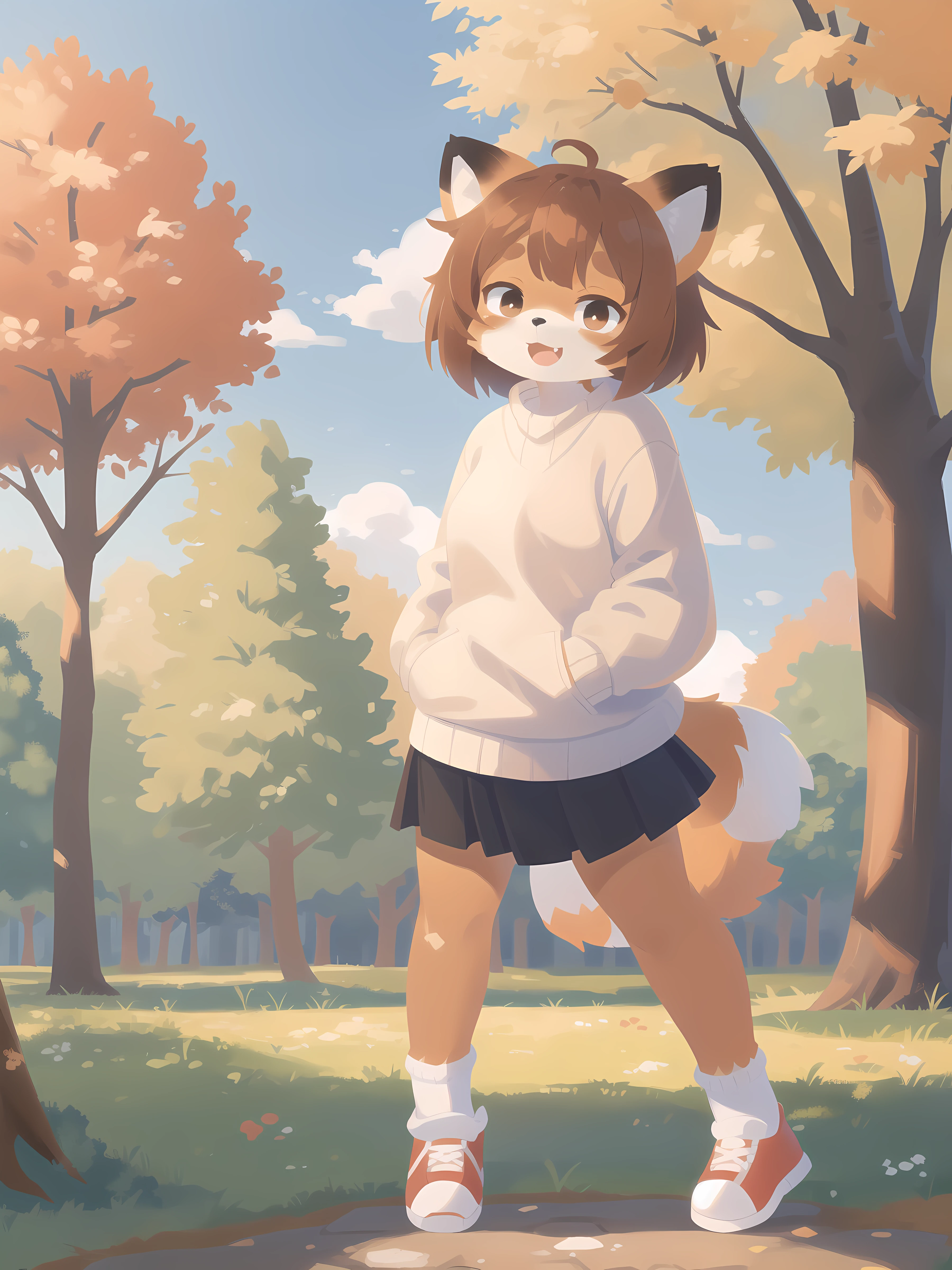 red panda girl, brown hair, bob cut, ahoge, white sweater, :D, black skirt, sweater tucked in, full body, sneakers, looking at viewer, tail, at park, tree, (uploaded on e621, furry, anthro, kemono:1.3),, (best quality, masterpiece, illustration, ultra-detailed:1.3)