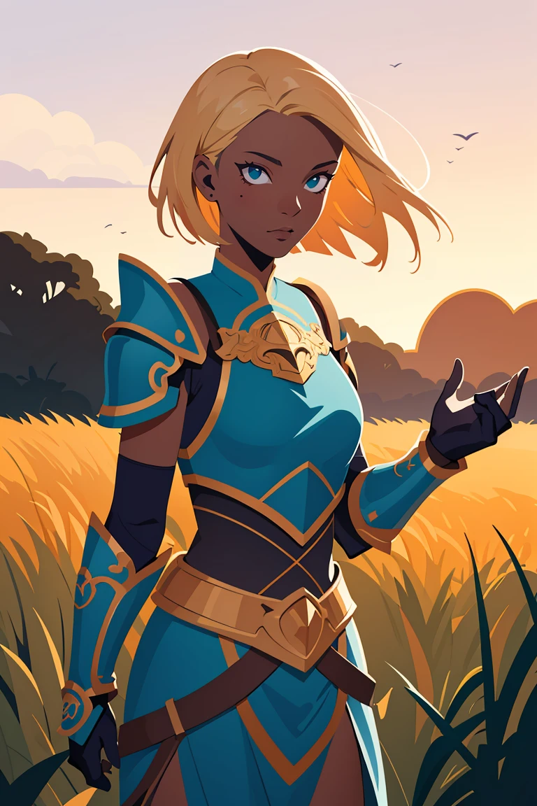 Comic style, illustration, line art style,(masterpiece,best quality,absurdres,beautiful,aesthetic,detailed,cell shading),fantasy,1girl,dark skin,very short hair,undercut,blonde hair,solo focus,cowboy shot,wearing ornate armor,tabard,outside,field,sunset,gauntlets,<lora:GoodHands-vanilla:1>,