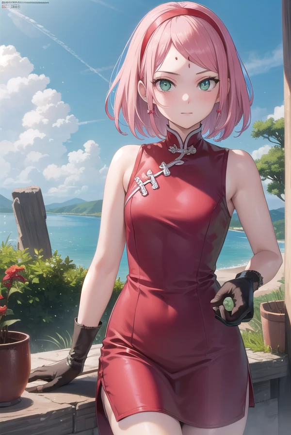 sakuraharuno, <lyco:sakuraharunov3-lyco-nochekaiser:1>,
sakura haruno, short hair, bangs, (green eyes:1.5), pink hair, hairband, facial mark, (forehead mark:1.2), red hairband, (swept bangs:1.5), (small breast:1.2),
BREAK chinese clothes, dress, (red dress:1.3), short skirt, black shorts, gloves, black gloves, sleeveless,
BREAK outdoors, forest, nature, sky, cloud, sun,
BREAK looking at viewer, (cowboy shot:1.5),
BREAK <lyco:GoodHands-beta2:1>, (masterpiece:1.2), best quality, high resolution, unity 8k wallpaper, (illustration:0.8), (beautiful detailed eyes:1.6), extremely detailed face, perfect lighting, extremely detailed CG, (perfect hands, perfect anatomy),