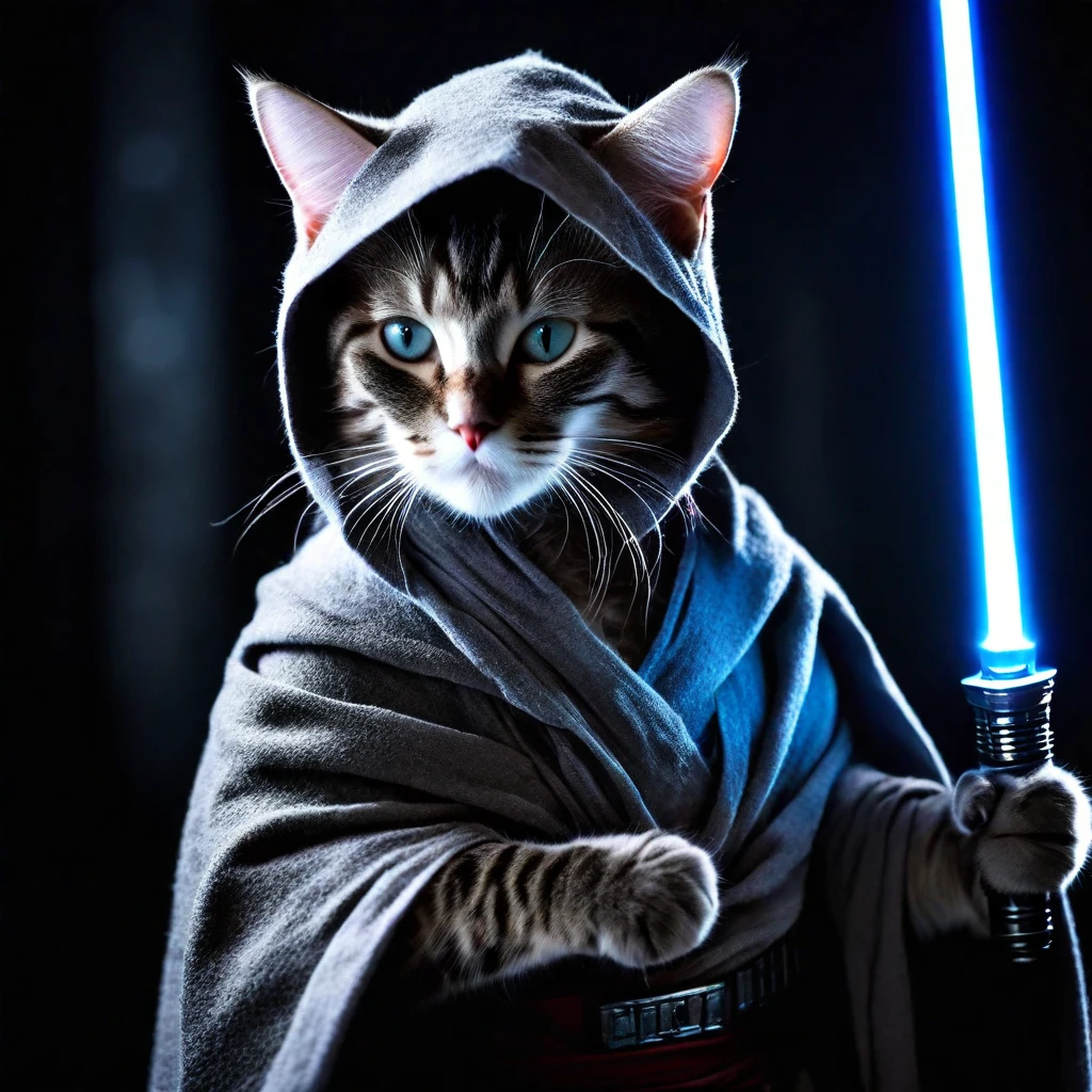 a master jedi cat in star wars holding a lightsaber, wearing a jedi cloak hood (cat:1.3), dramatic, cinematic lighting