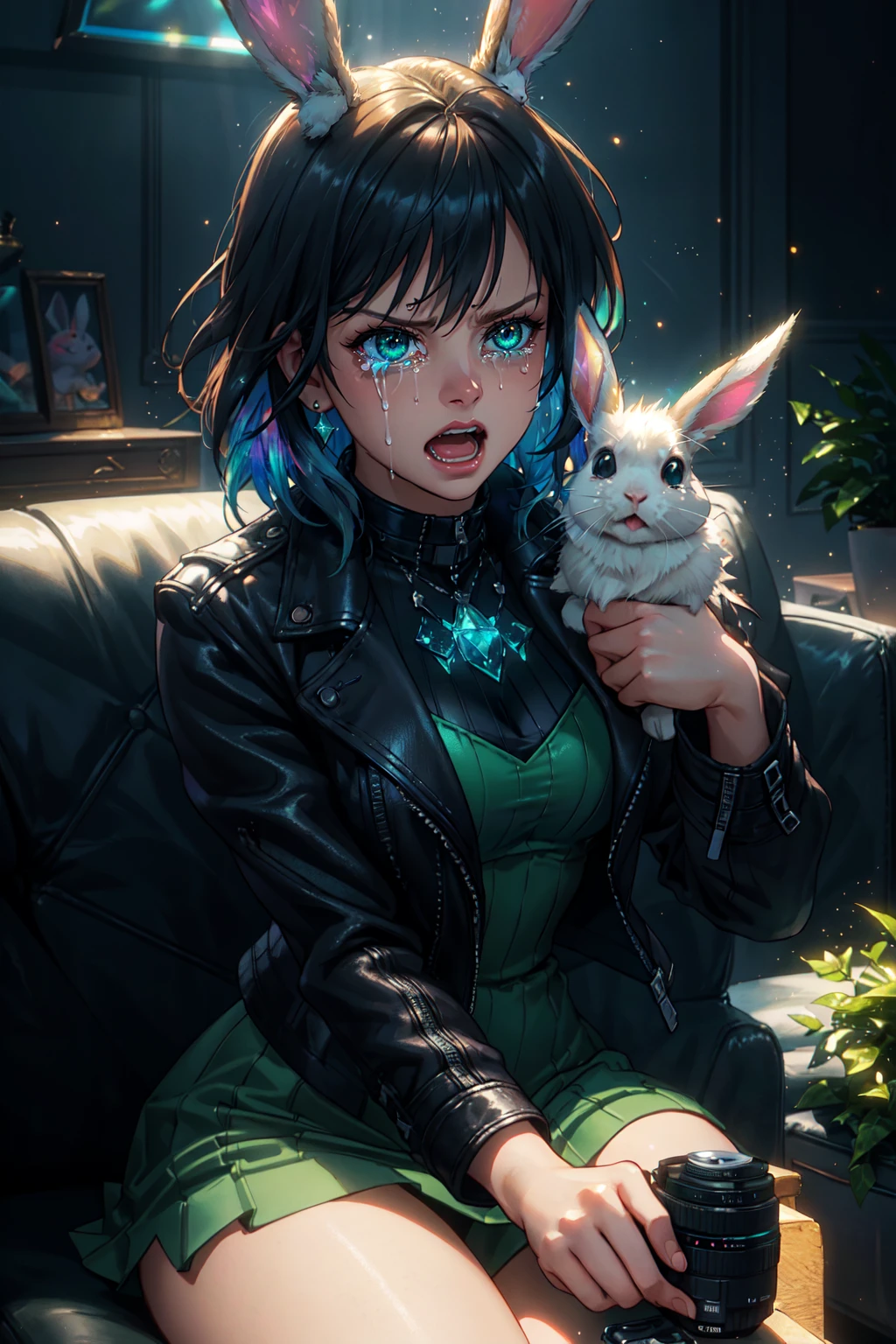 (masterpiece, best illustration, holographic lighting, prismatic, extreme light and shadow), 1girl, solo, wearing a green dress, leather jacket, crazy expression, (angry, crying, screaming), medium breasts, (holding a toy rabbit), sitting on the couch, (best illustration, perfect anatomy), (liminal space, horror style), LimitBreakStyler
