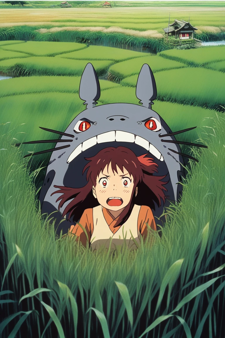 ghibli, horror style ,sketch ,girl, totoro, red eyes, dark red hair, Rice paddy, scared, Happy, (masterpiece,best quality)