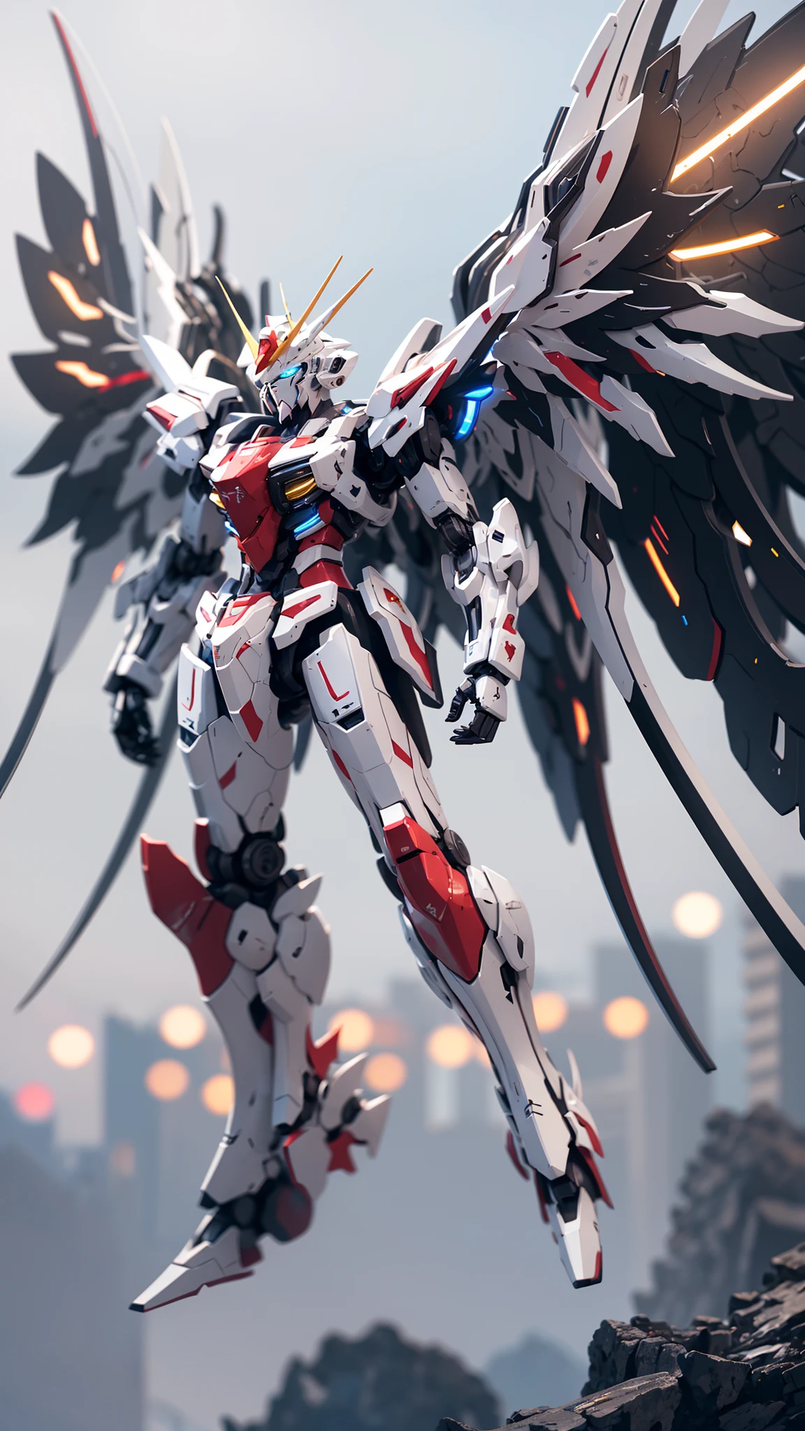 Hyperrealistic art BJ_Gundam, wings, solo, blue_eyes, weapon, wings, gun, no_humans, glowing, robot, mecha, clenched_hands, floating, science_fiction, mechanical_wings, v-fin,,
cinematic lighting,strong contrast,high level of detail,Best quality,masterpiece,White background,. Extremely high-resolution details,photographic,realism pushed to extreme,fine texture,incredibly lifelike,<lora:Gundam_Mecha_v5.2:0.7>, . Extremely high-resolution details, photographic, realism pushed to extreme, fine texture, incredibly lifelike