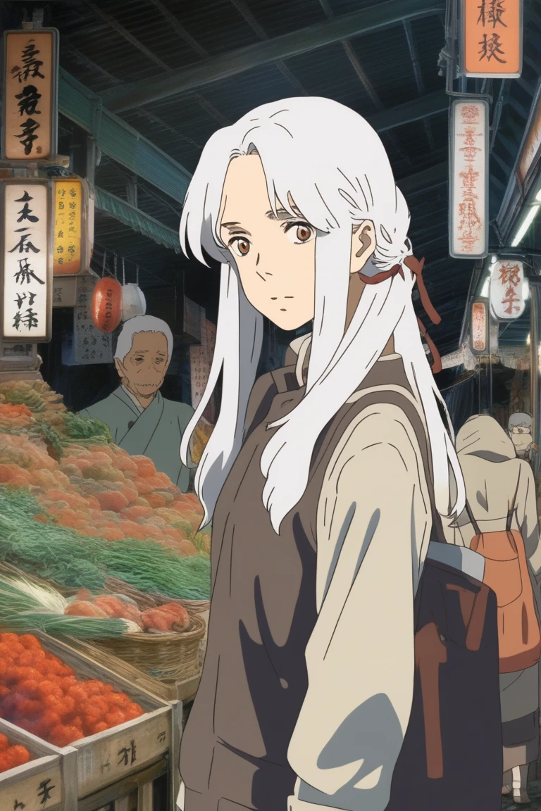 ghibli, horror style ,sketch , 1girl, portrait, dark white hair, market, (masterpiece,best quality)