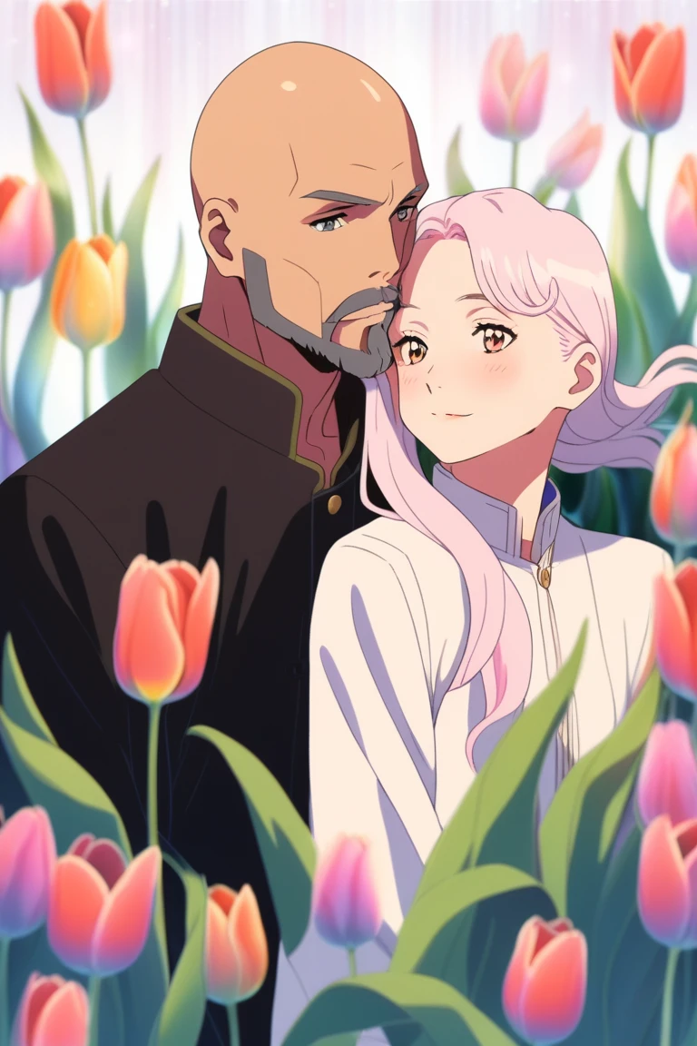 anime , ghibli ,realistic ,(1girl ,1boy ),portrait,lip, capris,Tulips, Psychedelic gradient background, Colorless hair,Shaved head with a beard hair, Holistic, (masterpiece,best quality,niji style), (masterpiece,best quality)