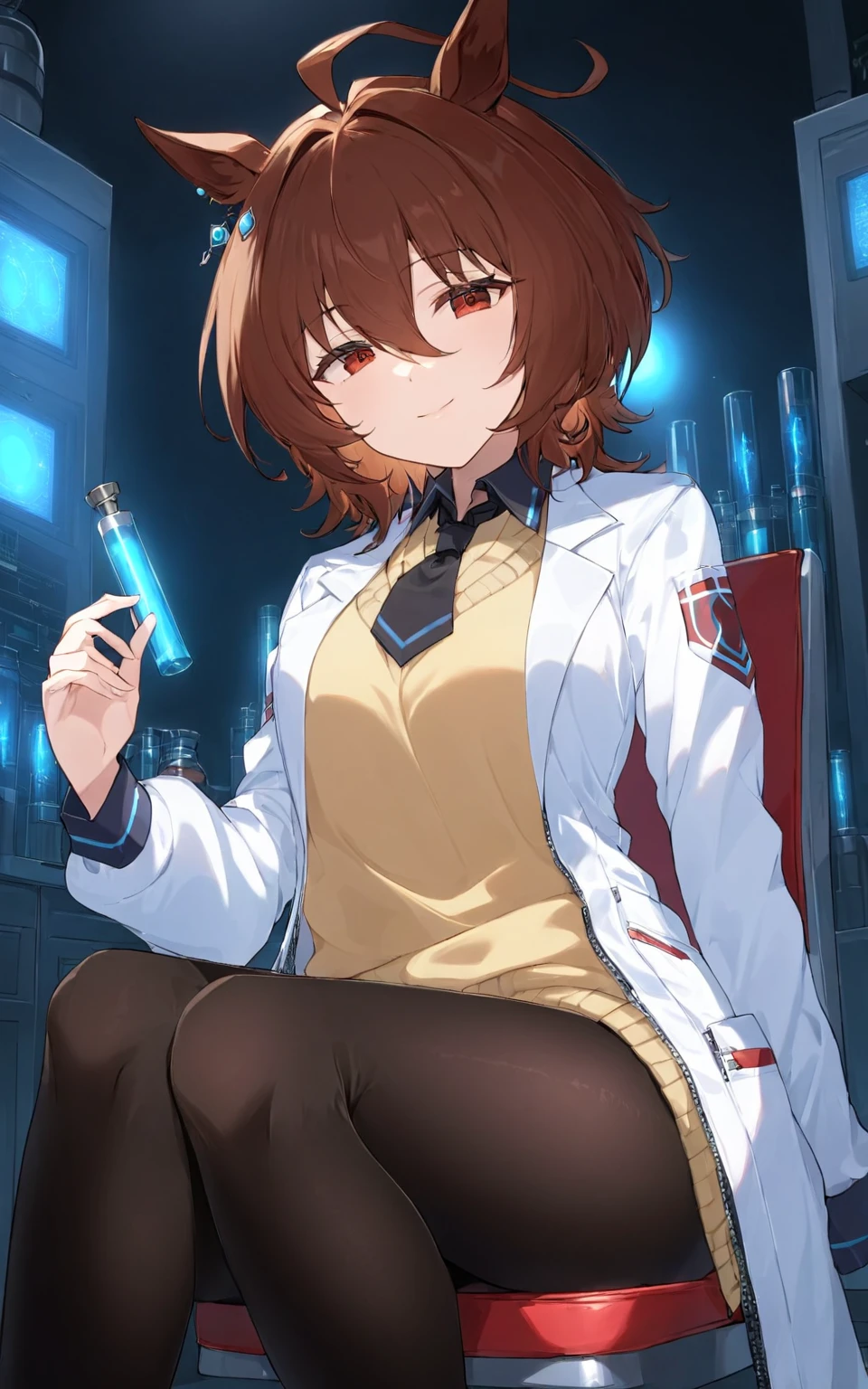 (masterpiece),(highest quality),highres,(an extremely delicate and beautiful),(extremely detailed), solo, Agens Tachyon \(umamusume\) wears single earring, long sleeves past wrists, collared shirt, yellow sweater vest, black short necktie, white open labcoat with zipper and black pantyhose under vest. she is in dark laboratory. she sits on chair and holds vial. closed mouth and light smile, looking at viewer
<lora:UmaDiffusionXL-768x1024:1>