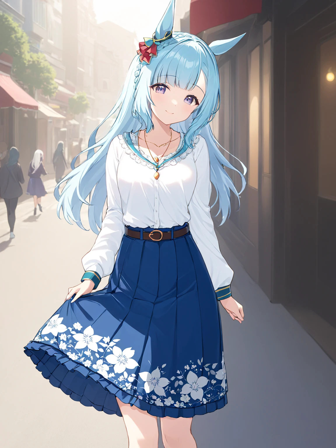 (masterpiece),(highest quality),highres,(an extremely delicate and beautiful),(extremely detailed), solo, Mejiro Ardan \(umamusume\) wears jewelry, necklace, long sleeves, white shirt, belt, necklace, blue skirt, long skirt, floral print, socks. she is at street and looking around, light smile and closed mouth
<lora:UmaDiffusionXL-768x1024:1>
