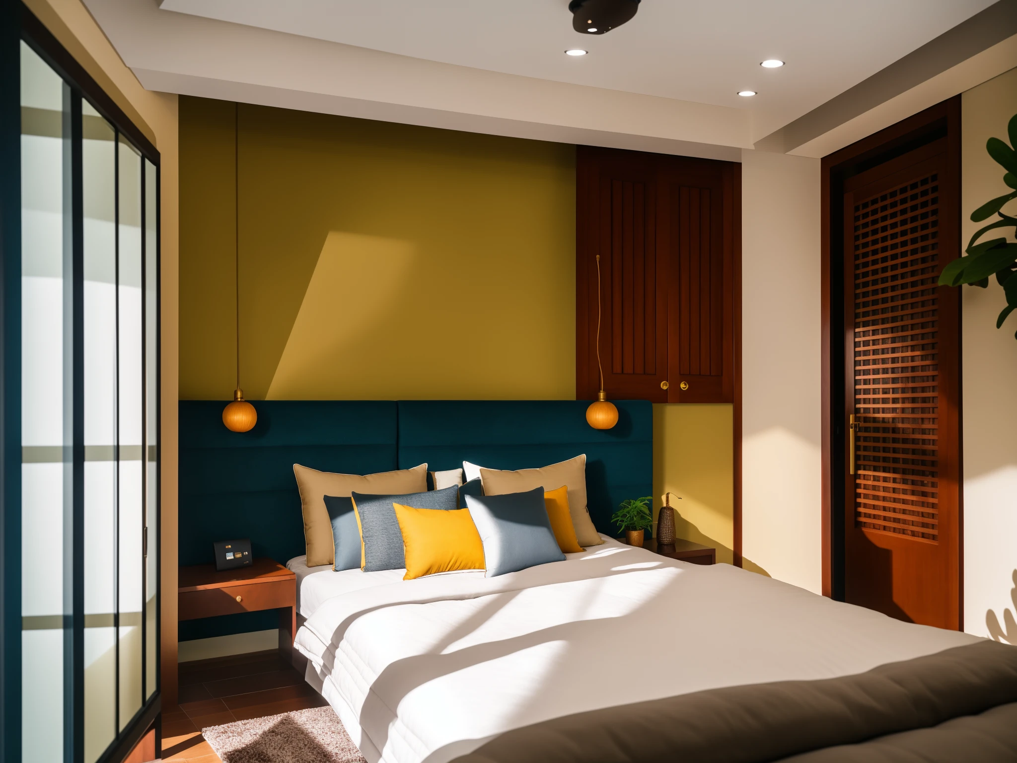 <lora:JJsSoutheast_asian:.7> , ((Southeast Asian Style)) ,
bed room ,tv ,sofa ,rug ,indoor, best quality, masterpiece , no humans, scenery, ceiling light, day, sky, cloud, tree, window, door , plant, bed , pillow, flower,