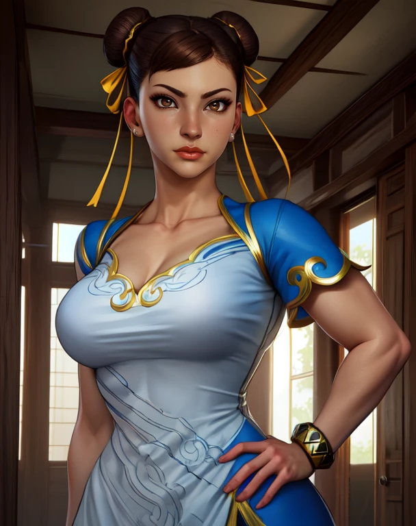 chun li, brown hair, brown eyes,  double bun,  hair ribbon,  
multi colored dress, pelvic curtain,  blue pants, bangles,  cleavage,  
 upper body,   hips, 
morning,  temple,  indoors, 
(insanely detailed, beautiful detailed face,beautiful detailed eyes, masterpiece, best quality) , solo,
<lora:chunliSF6Default-10:0.8>