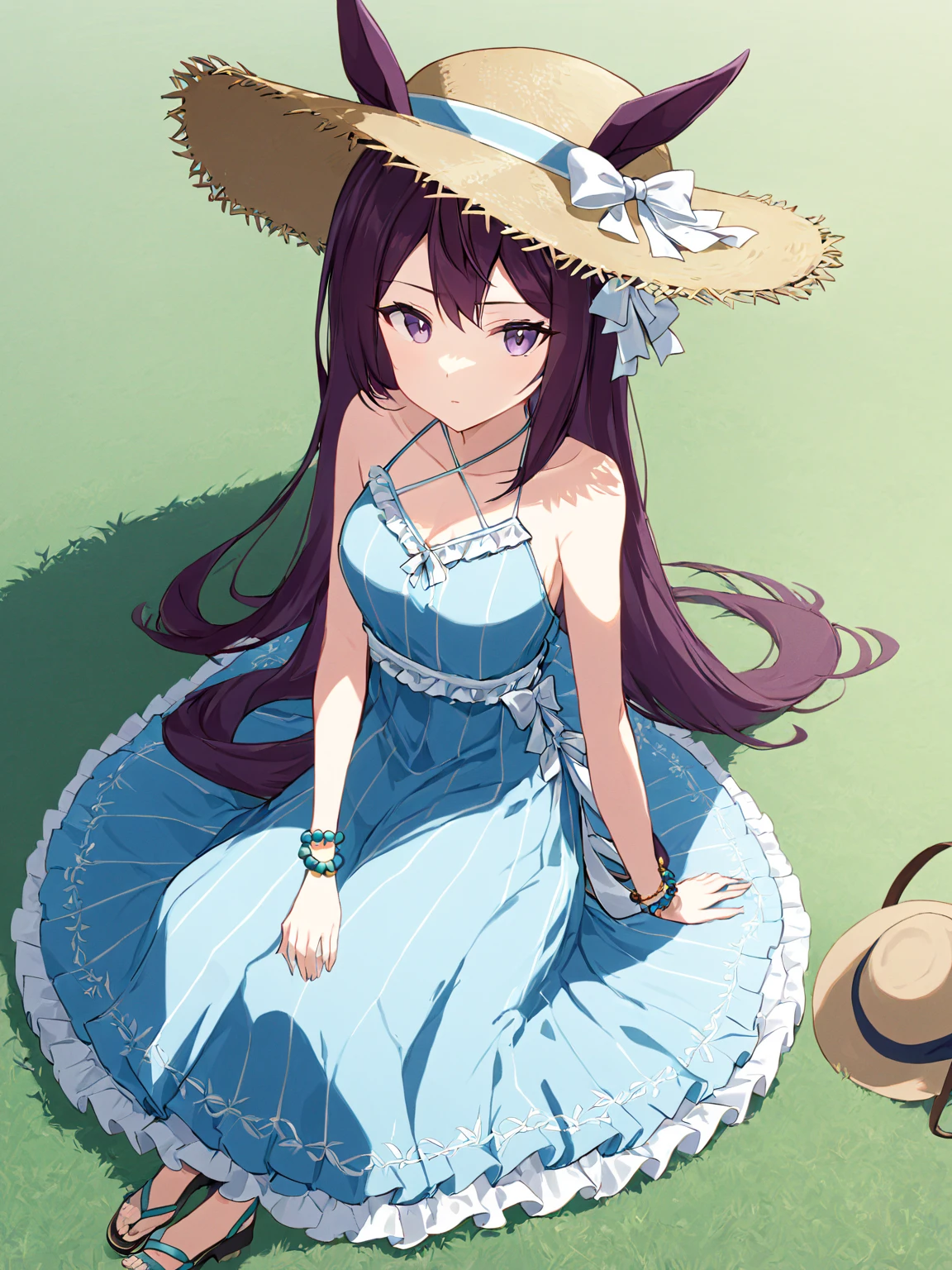(masterpiece),(highest quality),highres,(an extremely delicate and beautiful),(extremely detailed), solo, Mejiro Dober \(umamusume\) wears official alternate costume, straw hat, ears through headwear, criss-cross halter, sleeveless blue dress, bead bracelet, vertical stripped dress, white bow, frilled dress, sandals. she sits on grass, picnic
<lora:UmaDiffusionXL-768x1024:1>