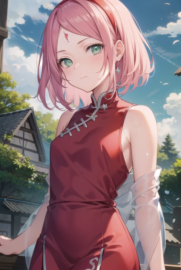 sakuraharuno, <lora:sakuraharunov3-lora-nochekaiser:1>,
sakura haruno, short hair, bangs, (green eyes:1.5), pink hair, hairband, facial mark, (forehead mark:1.2), red hairband, (swept bangs:1.5), (small breast:1.2),
BREAK chinese clothes, dress, (red dress:1.3), short skirt, black shorts, gloves, black gloves, sleeveless,
BREAK outdoors, forest, nature, sky, cloud, sun,
BREAK looking at viewer, (cowboy shot:1.5),
BREAK <lyco:GoodHands-beta2:1>, (masterpiece:1.2), best quality, high resolution, unity 8k wallpaper, (illustration:0.8), (beautiful detailed eyes:1.6), extremely detailed face, perfect lighting, extremely detailed CG, (perfect hands, perfect anatomy),